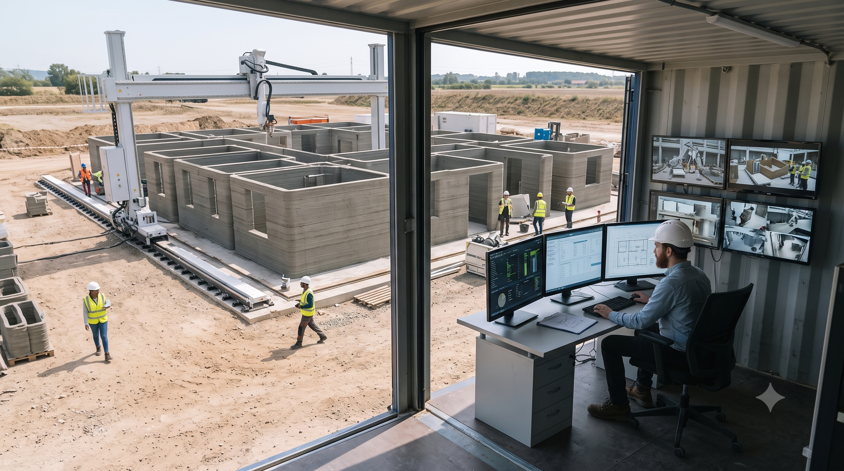 3D concrete printing construction equipment on an active build site
