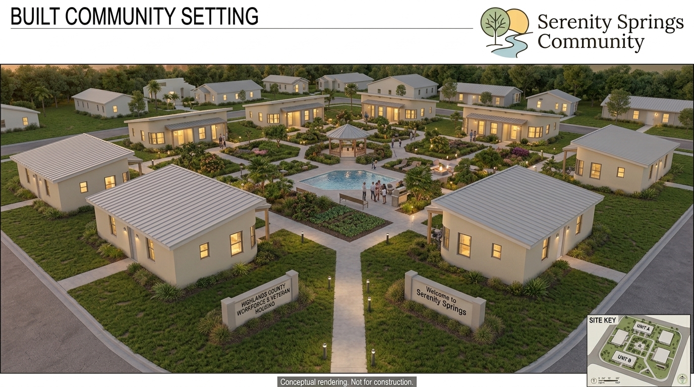 Aerial concept rendering of a 3D printed workforce and veteran housing community in Florida's Heartland