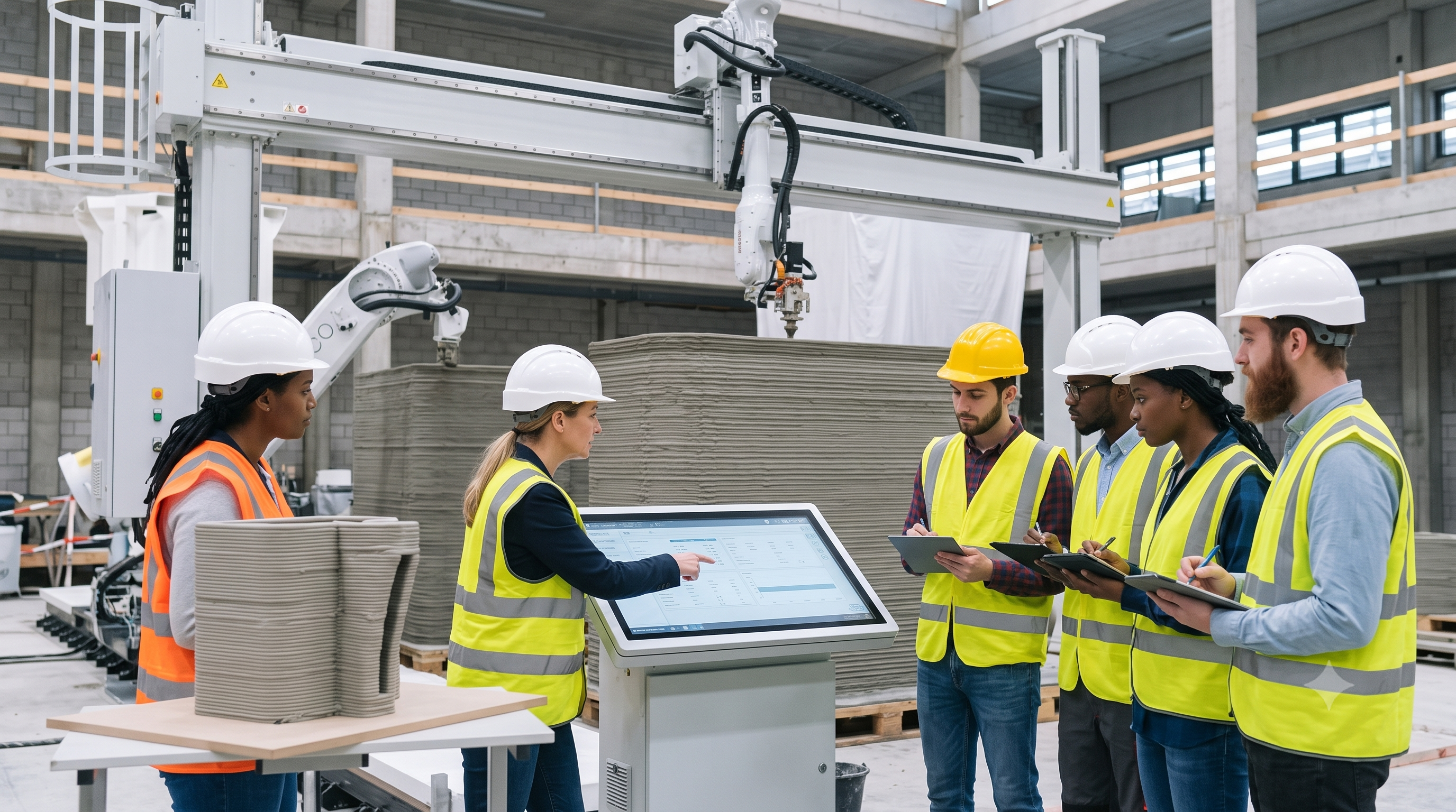 Workers inside active 3D concrete printed structure